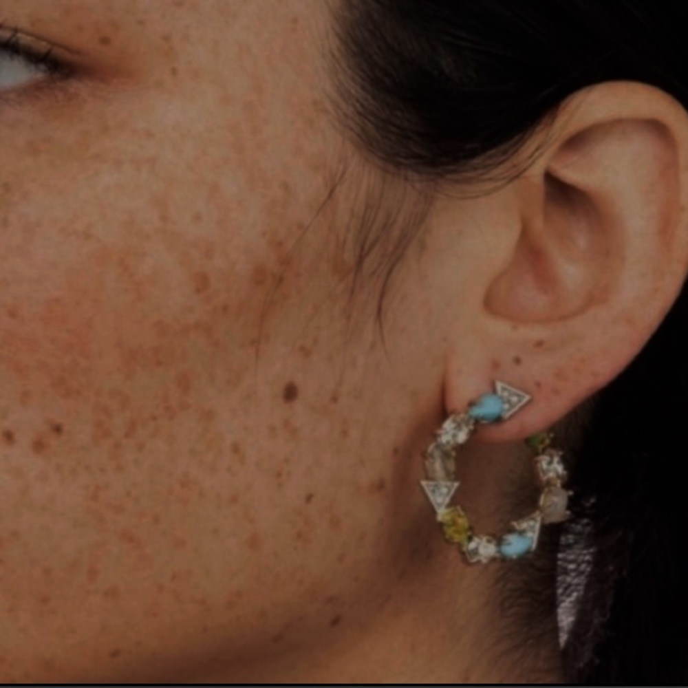 ALEXIS BITTAR• Gold Blue Green Multi-Stone Labradorite Turquoise Coiled Earrings - Picture 2 of 14